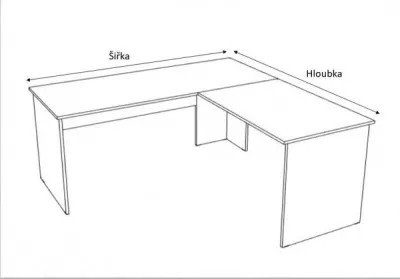 Rohový psací stůl na míru, volitelné hloubky vrchních desek 
